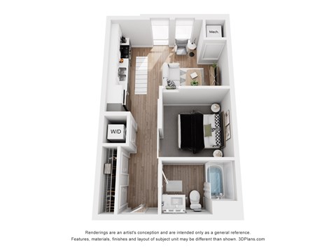 A floor plan of a small apartment with a kitchen, living room, and bathroom.